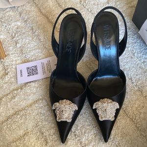 Versace crystal medusa satin pumps